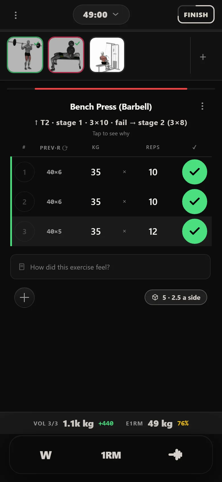 GZCLP T2 bench press back on three sets of ten at 35 kg after its restart