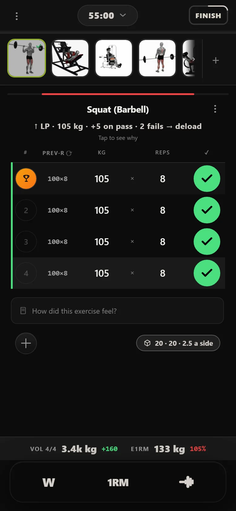Durata logger showing the High Frequency PPL squat at 105 kg