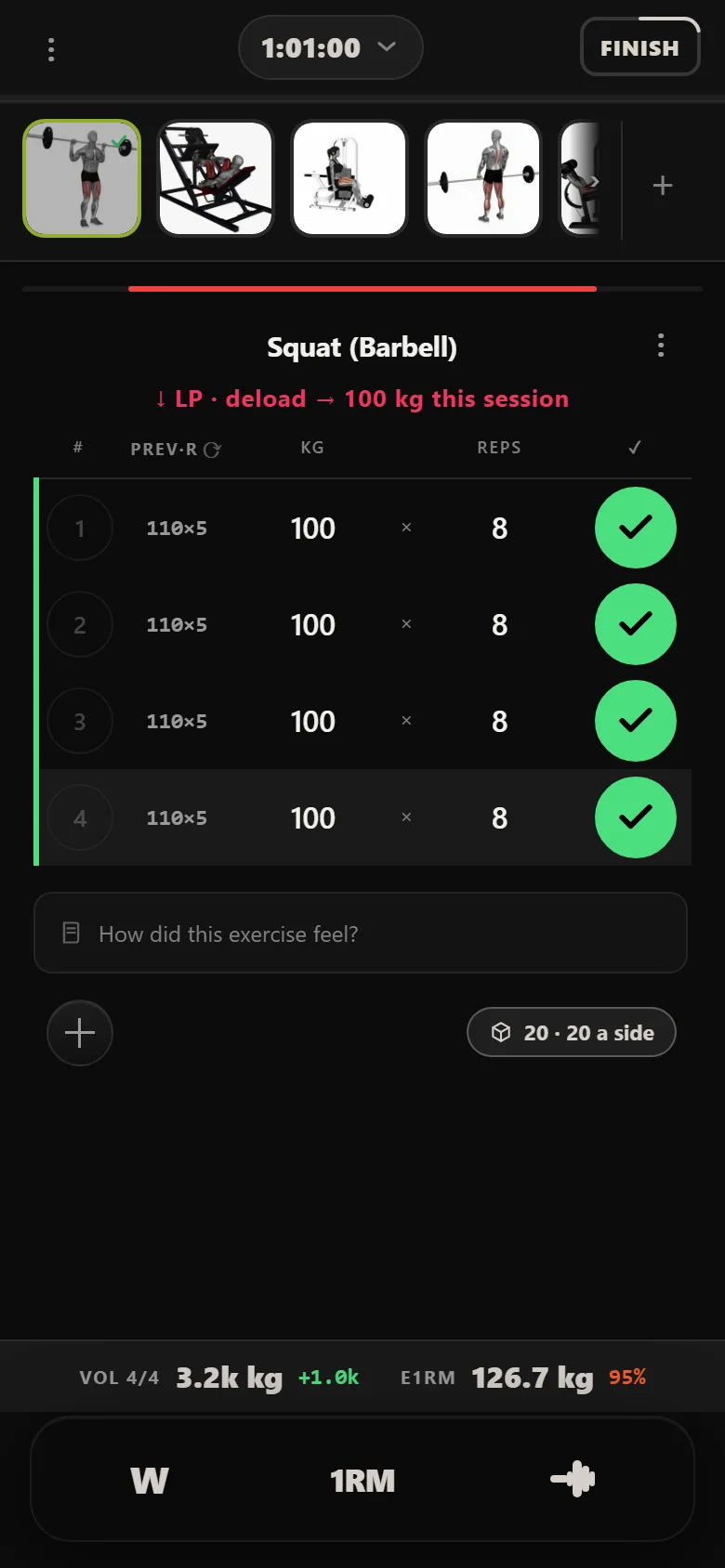 Durata logger showing the squat cut from 110 kg back to 100 kg