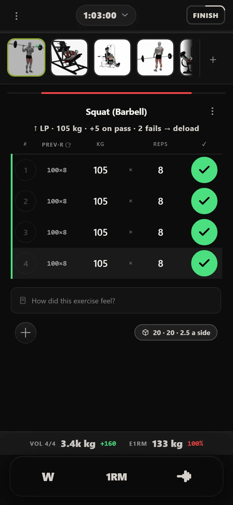 Durata logger: squat at 105 kg