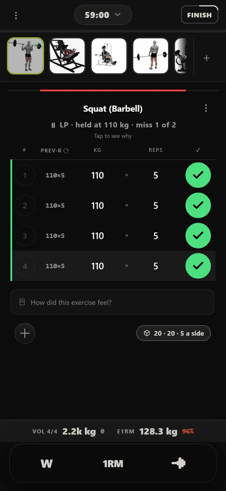 Durata logger showing a missed squat working set at 110 kg