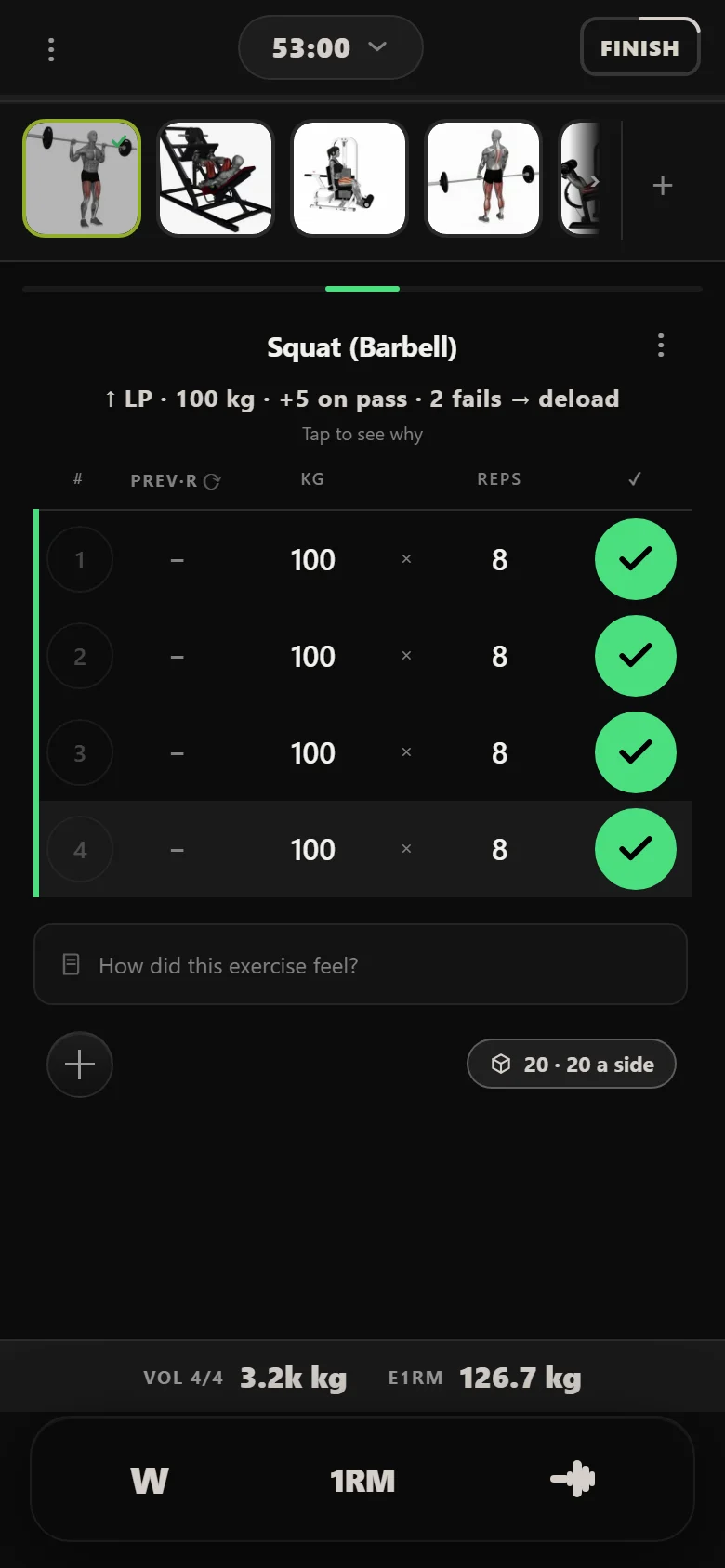 Durata logger showing the High Frequency PPL squat at 100 kg