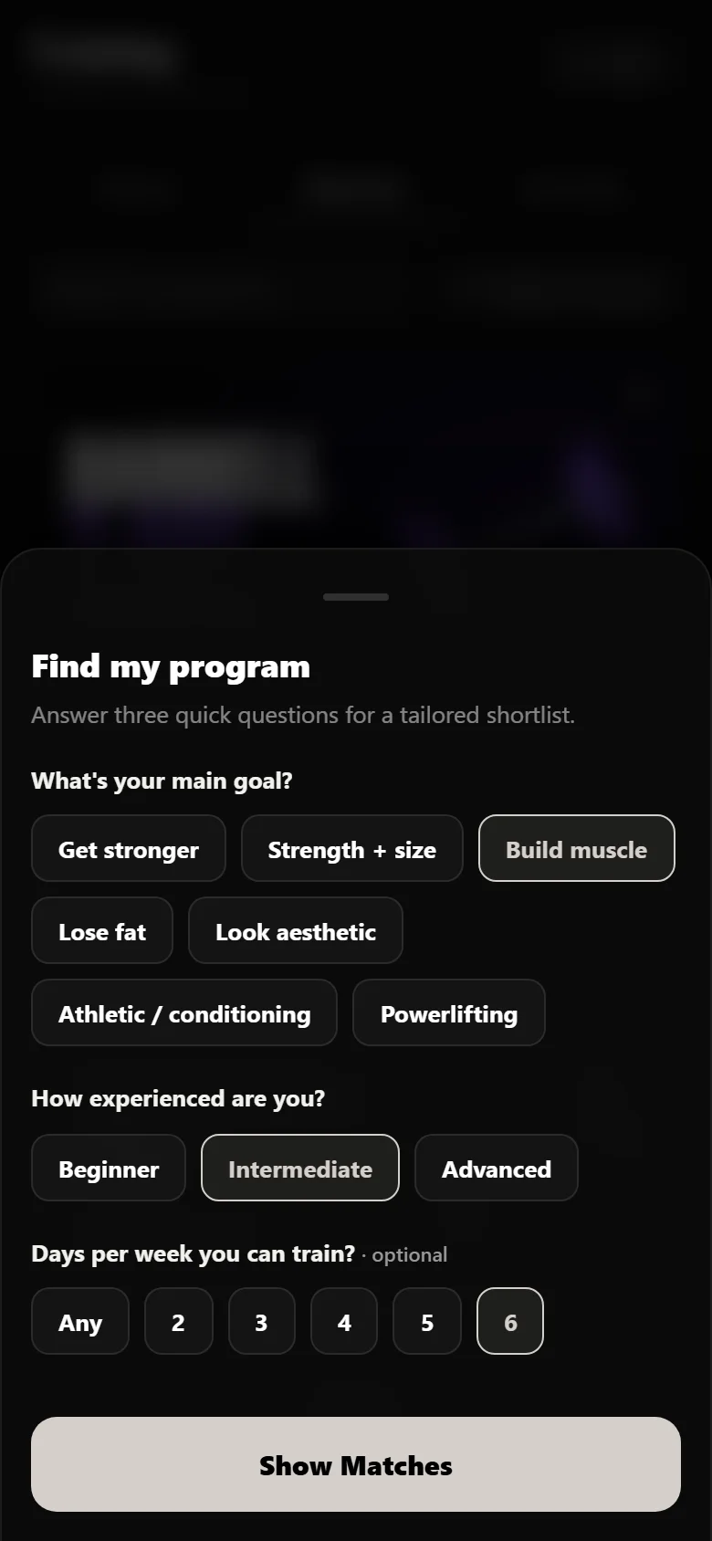 Durata program finder with goal, experience and days per week answered