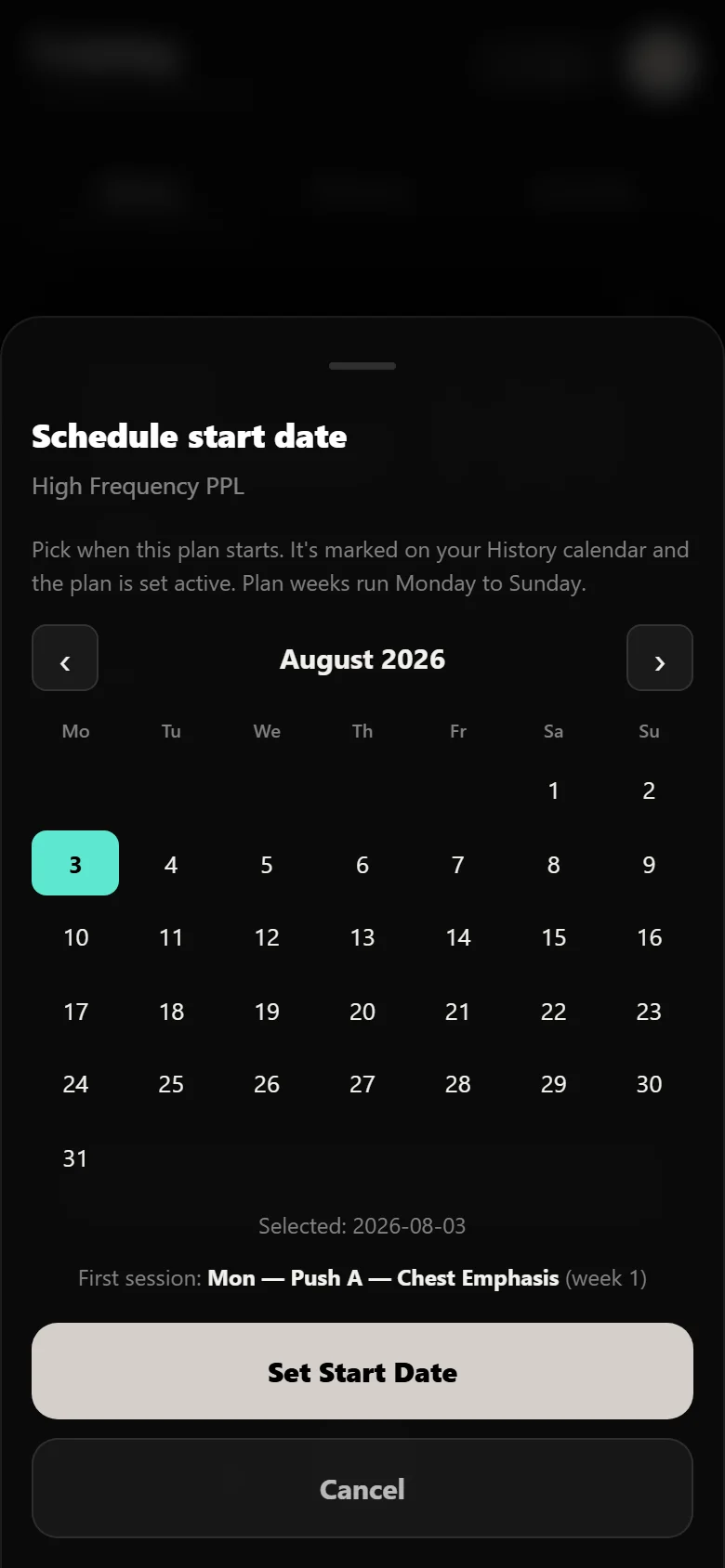 Choosing a start date for a High Frequency PPL block in Durata