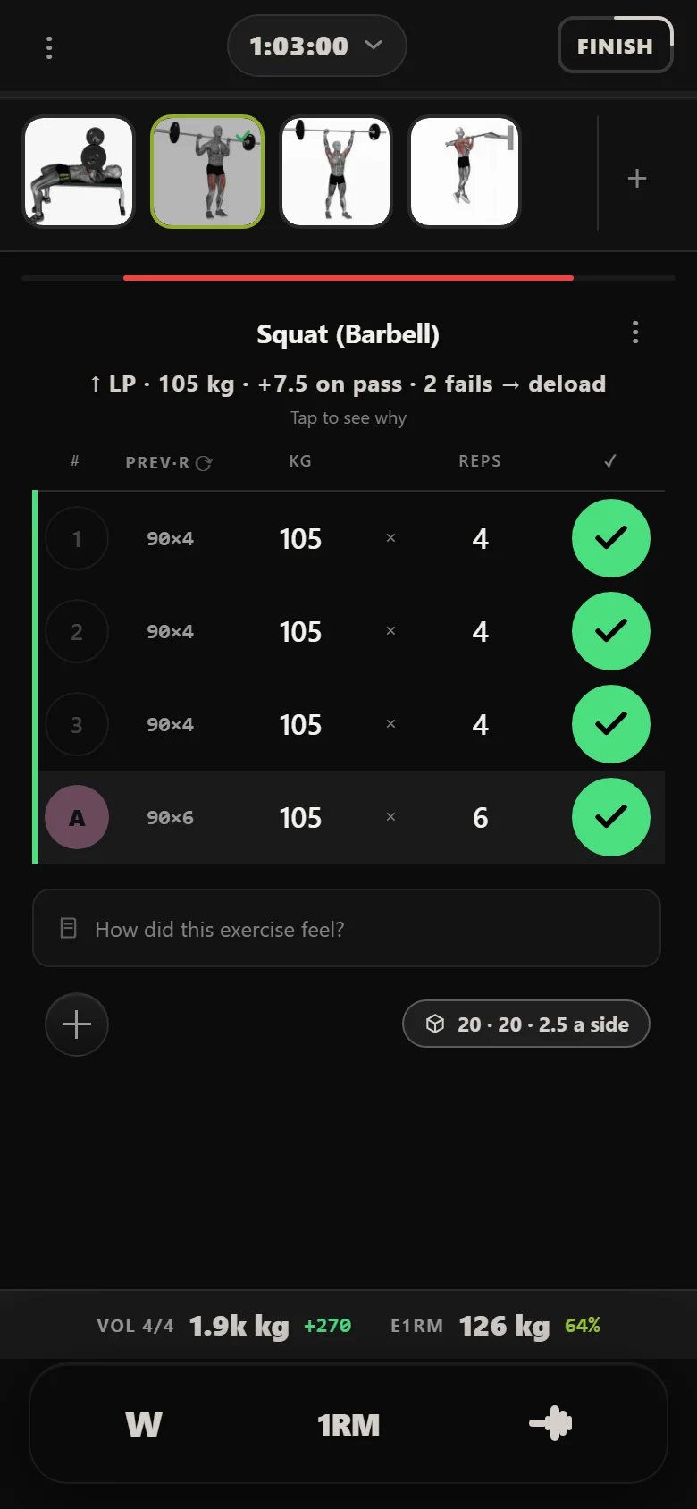 Durata logger. Ivysaur squat, 105 kg on the bar, above the weight that stalled the first run