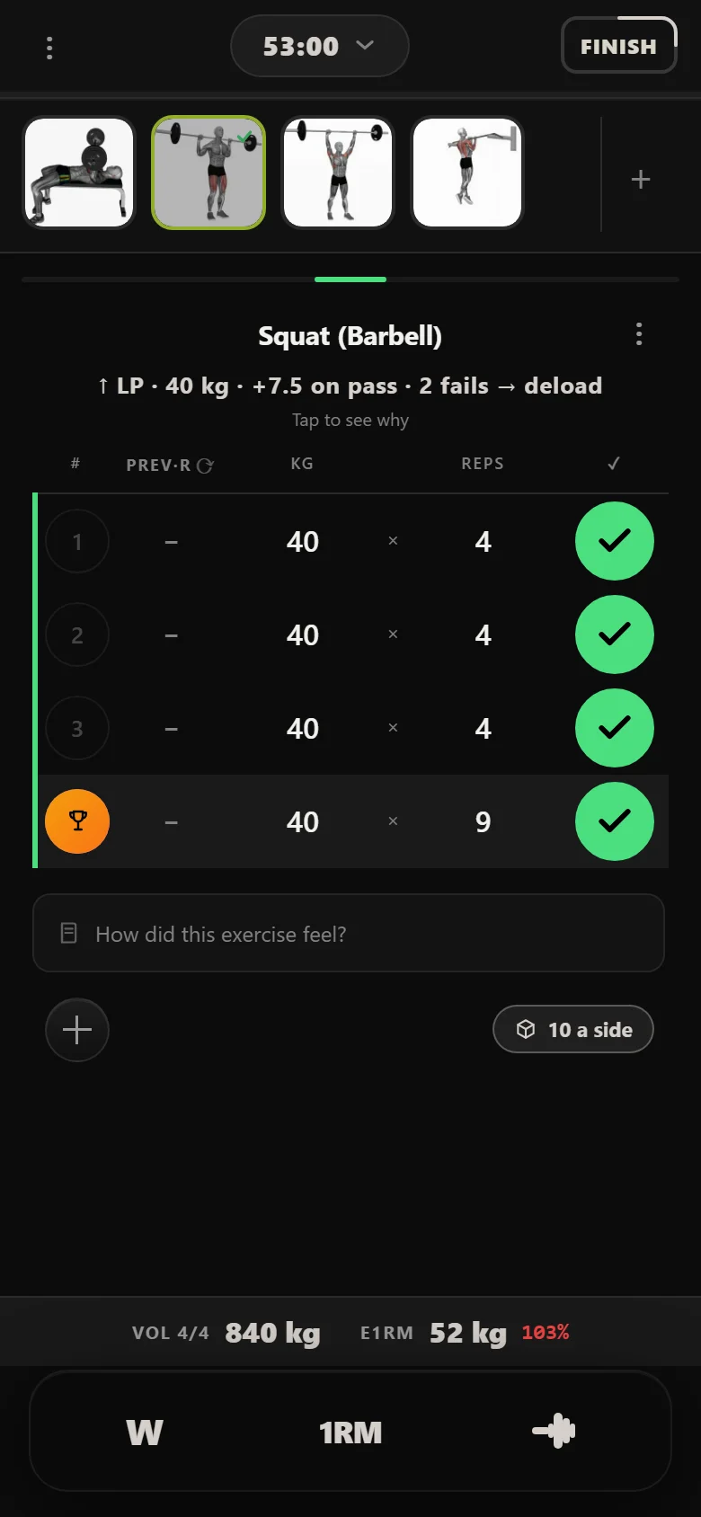 Durata logger: Ivysaur heavy squat day, week one, 40 kg on the bar