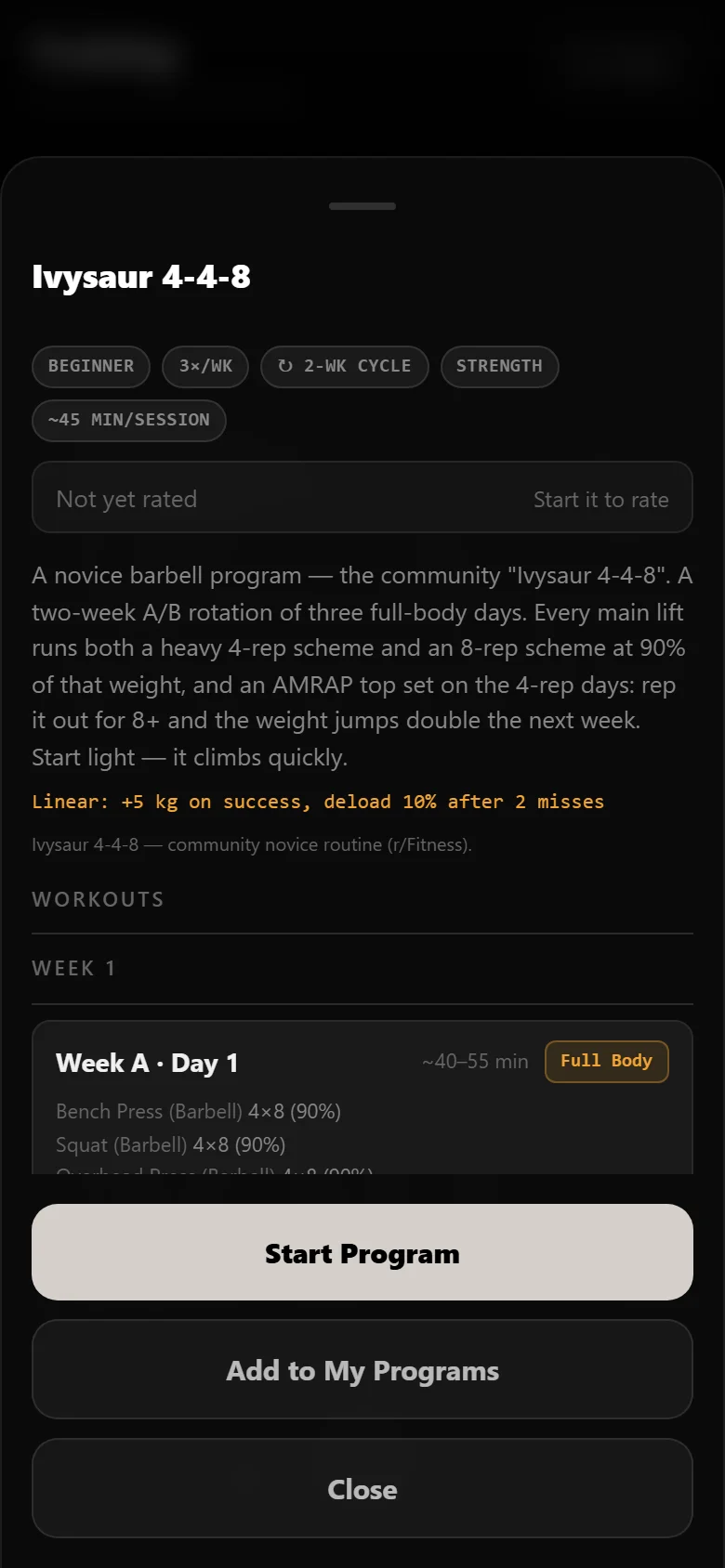 Durata finder results with Ivysaur 4-4-8 as the top pick for a beginner barbell profile