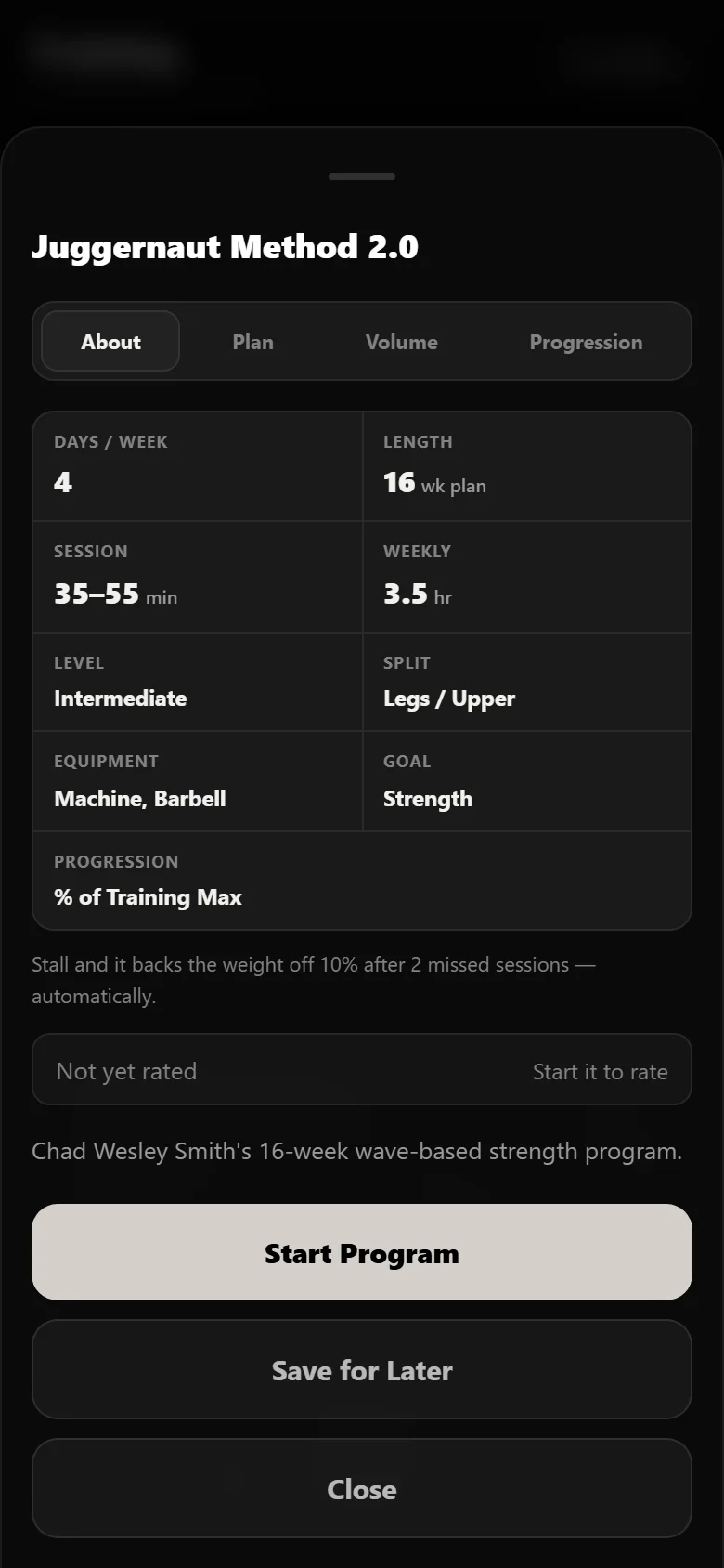 Juggernaut Method 2.0 program detail screen in Durata