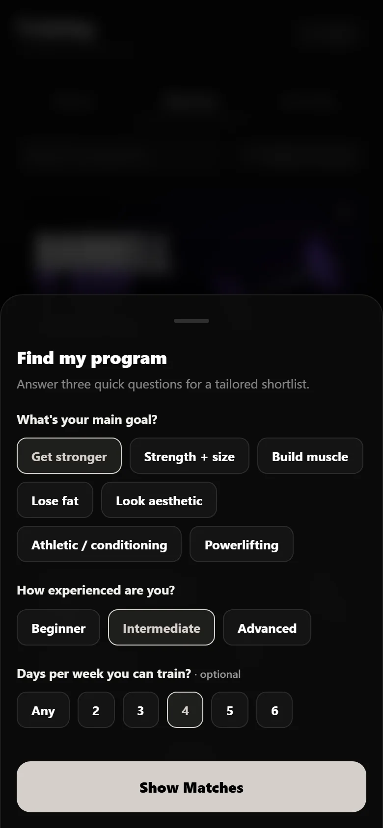 Durata finder quiz answered for an intermediate strength lifter