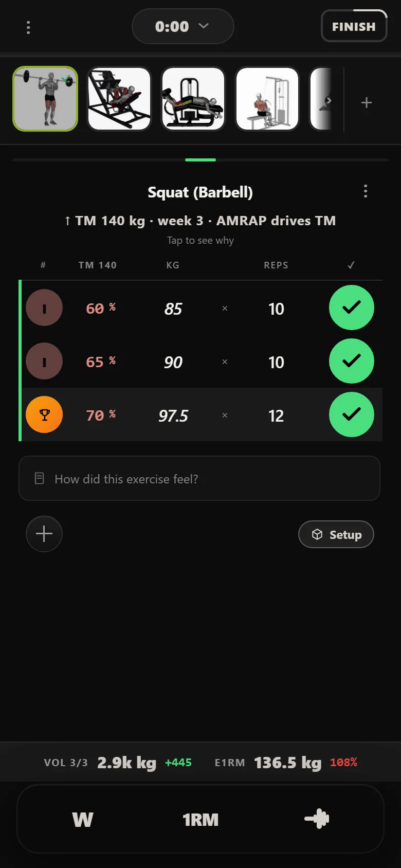 Durata logger showing the squat's realization set in the Tens wave