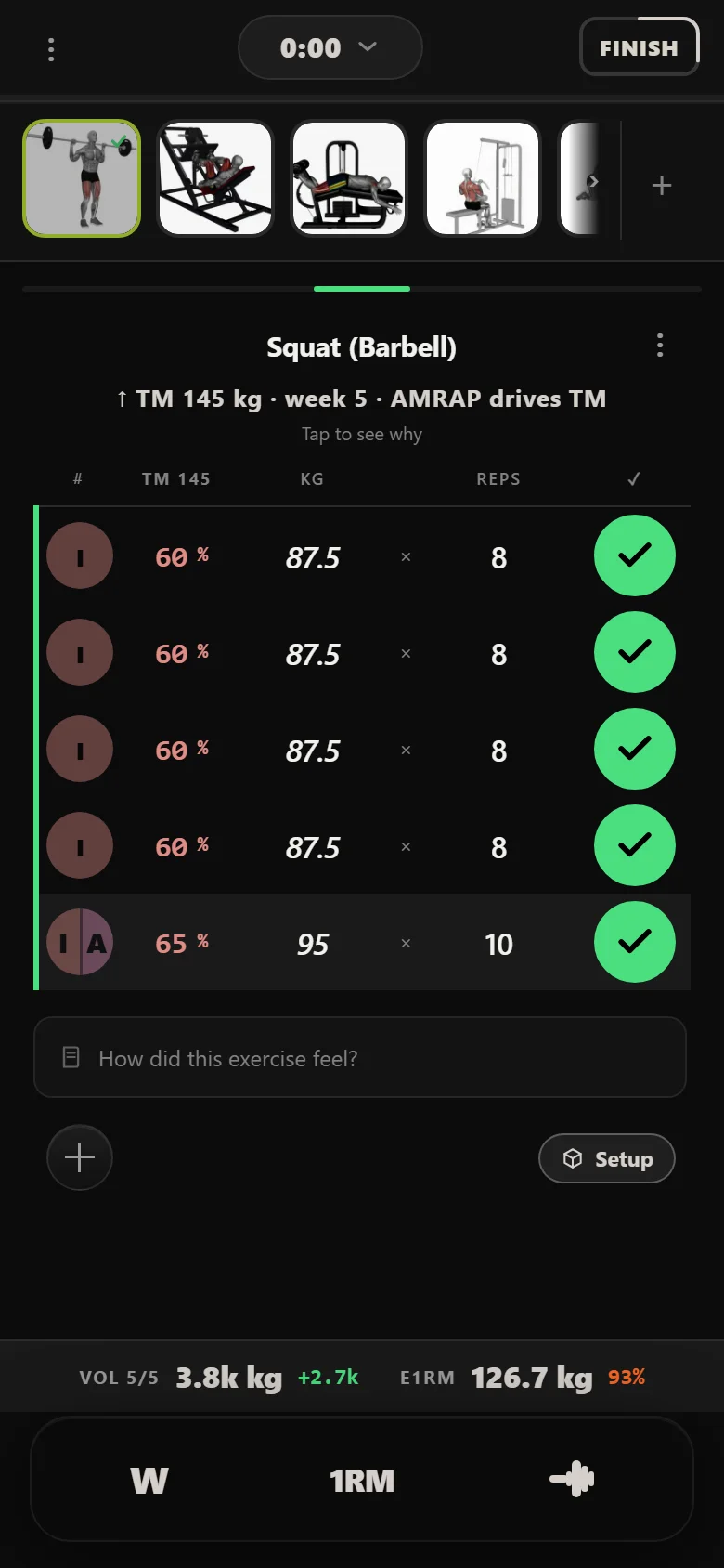 Durata logger showing the squat's first session of the Eights wave