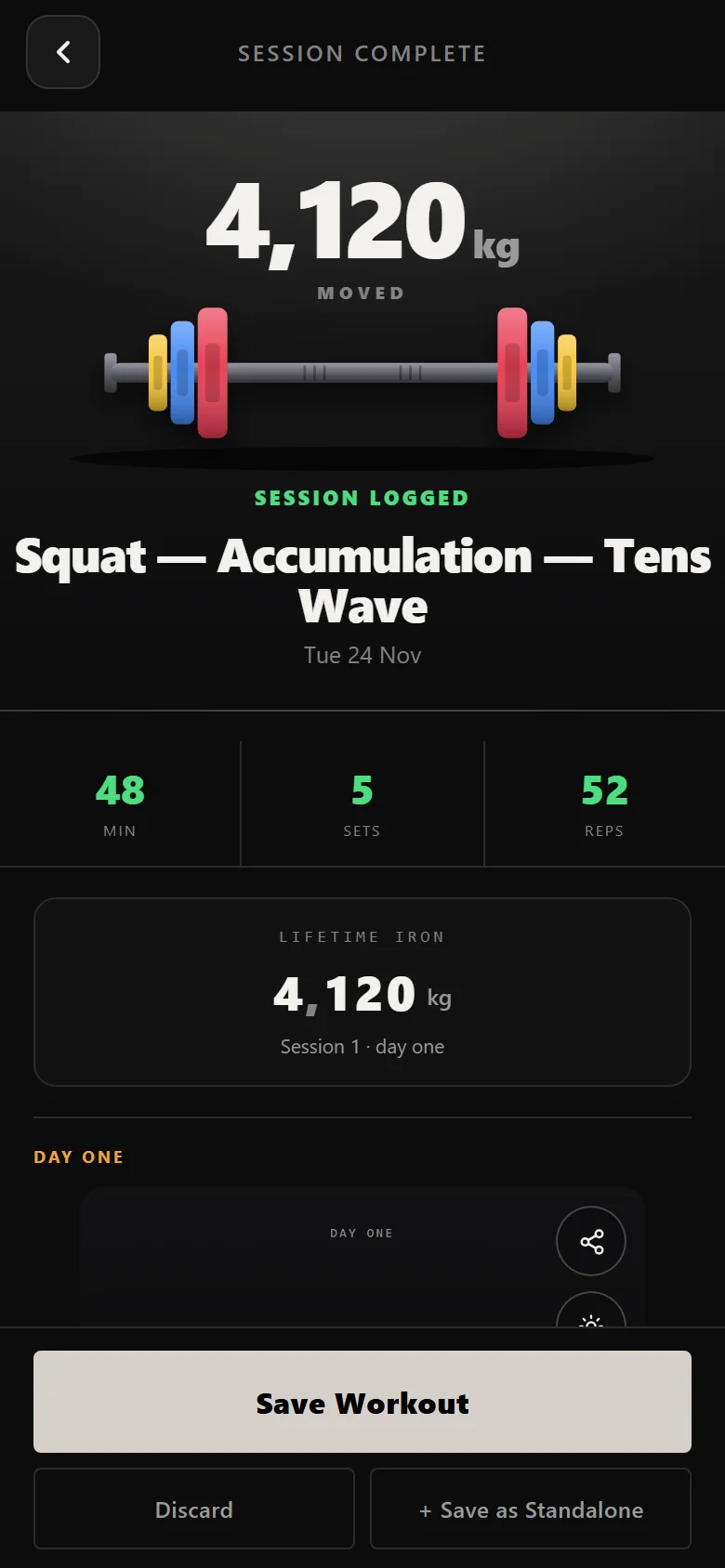 Durata session complete screen for a Juggernaut Method 2.0 squat day