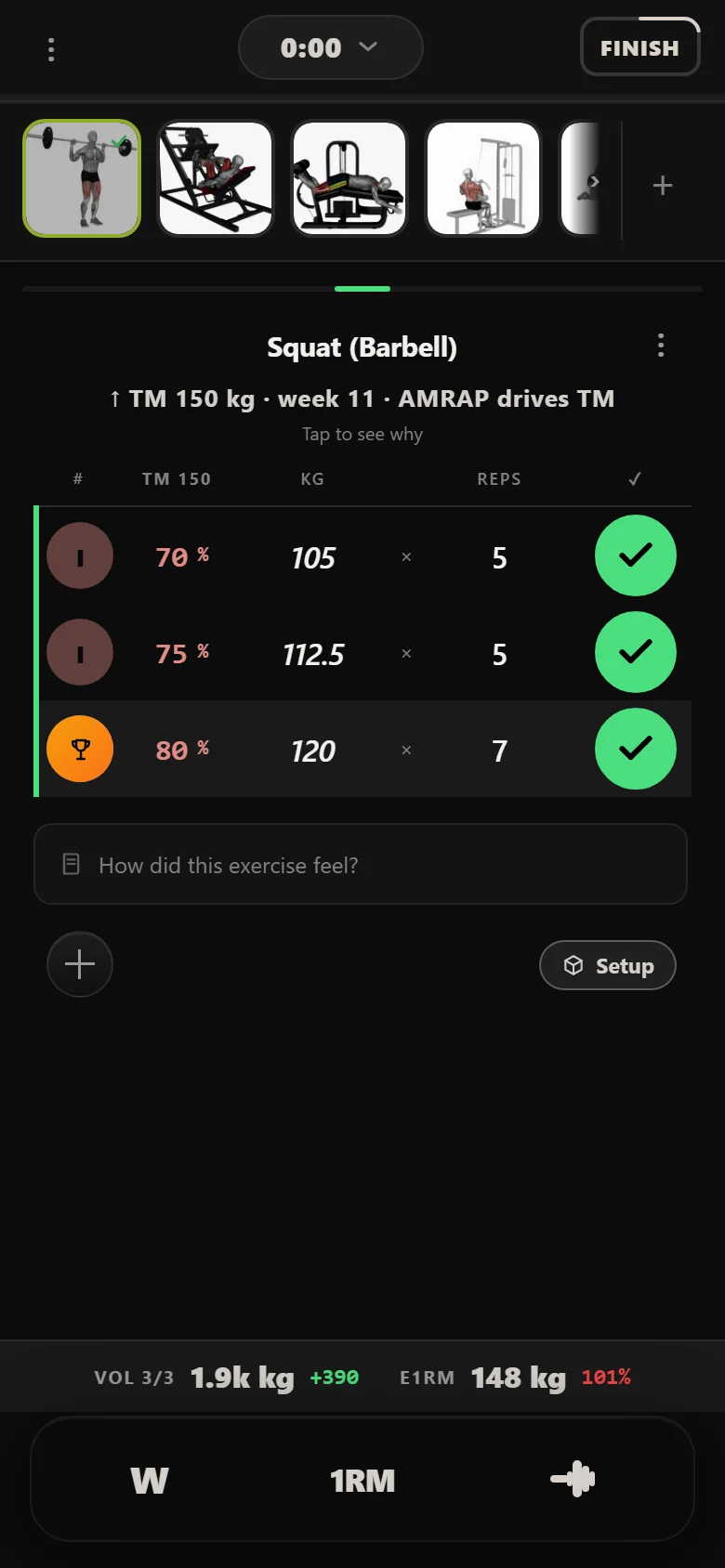 Durata logger showing the squat's realization set in the Fives wave