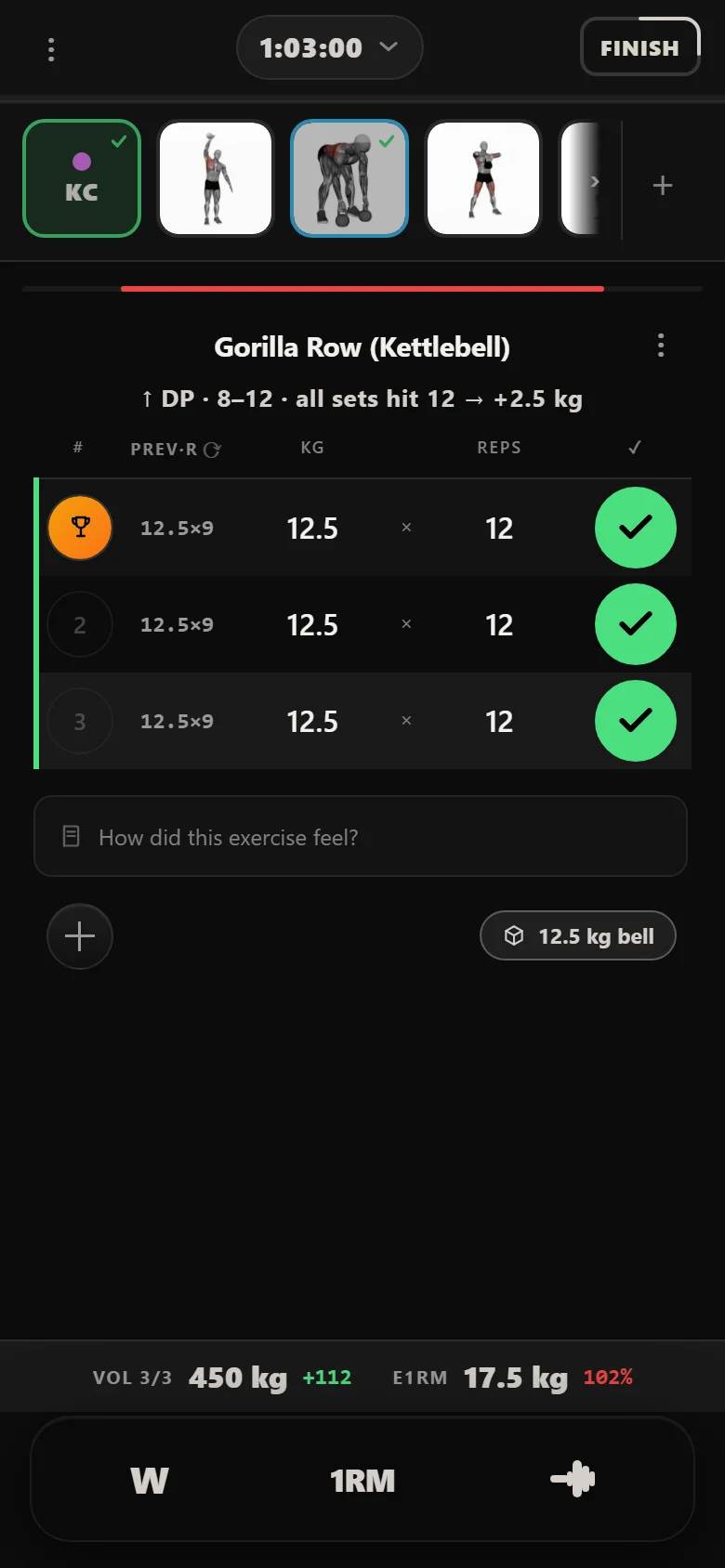 Durata logger showing a double-progression rule chip on a kettlebell movement