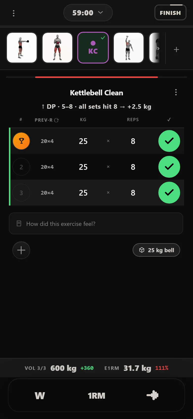 Durata logger showing the kettlebell clean at 25 kg