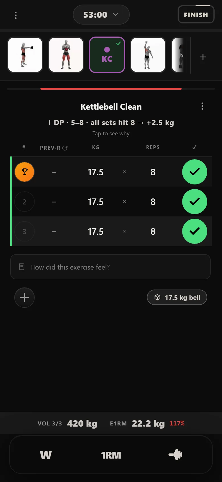 Durata logger showing the kettlebell clean at 17.5 kg