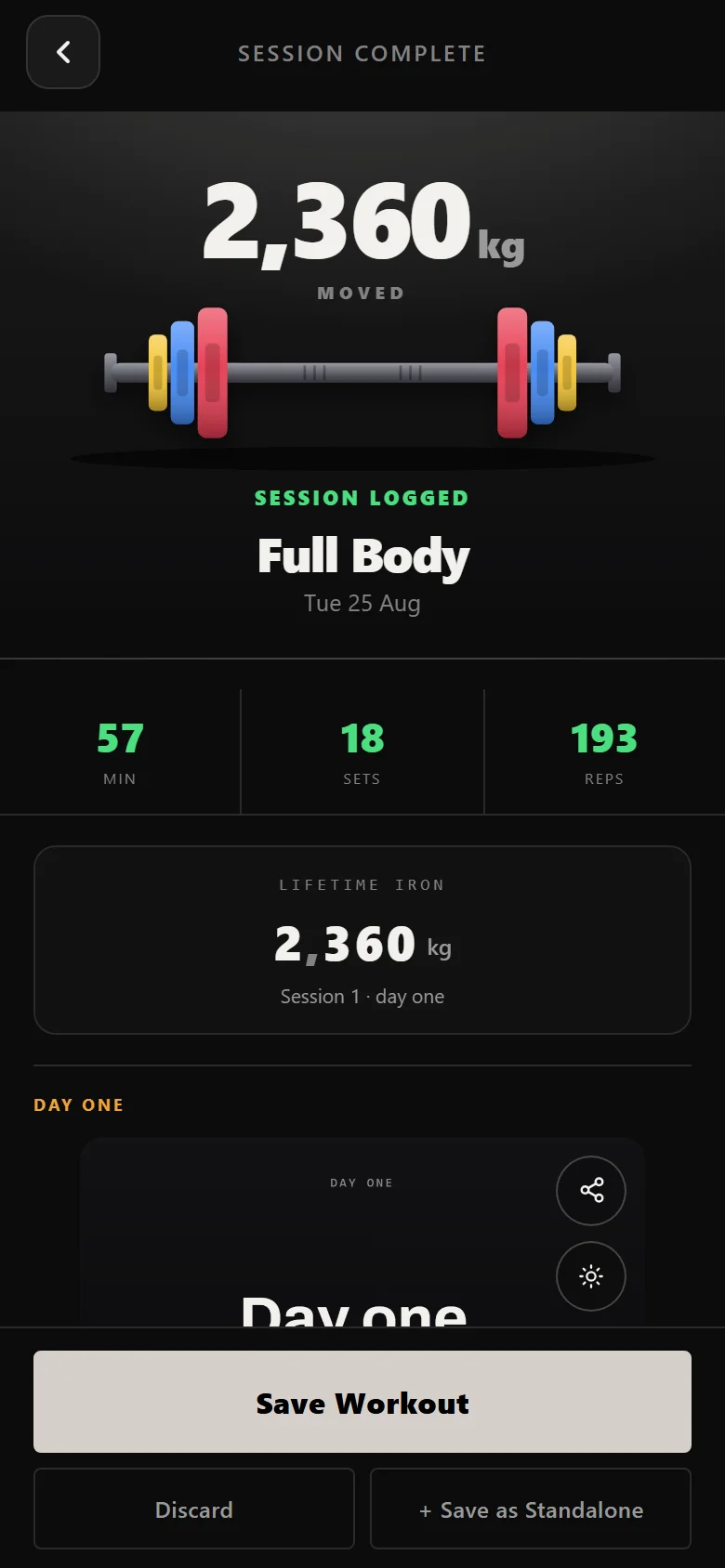 Durata session complete screen for a kettlebell full-body workout