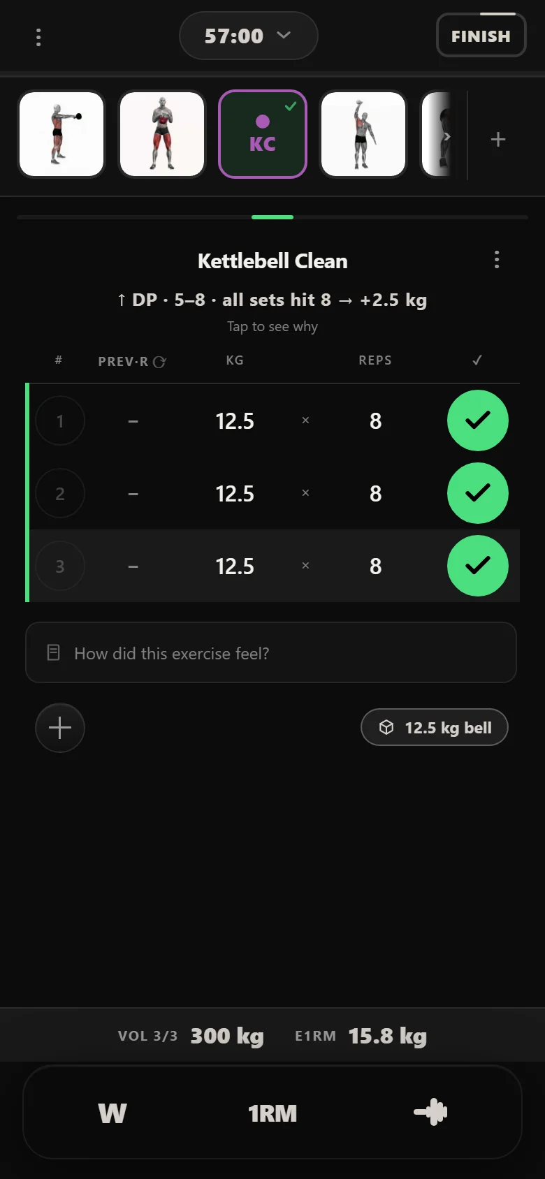 Durata logger: kettlebell clean at 12.5 kg