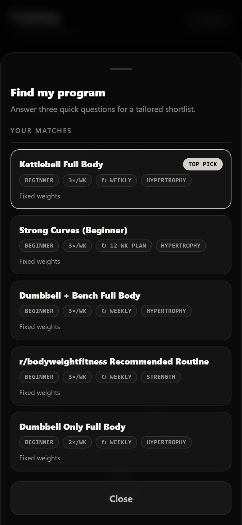 Durata finder results with Kettlebell Full Body as the top match