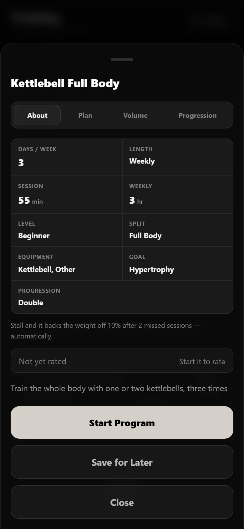 Kettlebell Full Body program detail screen in Durata