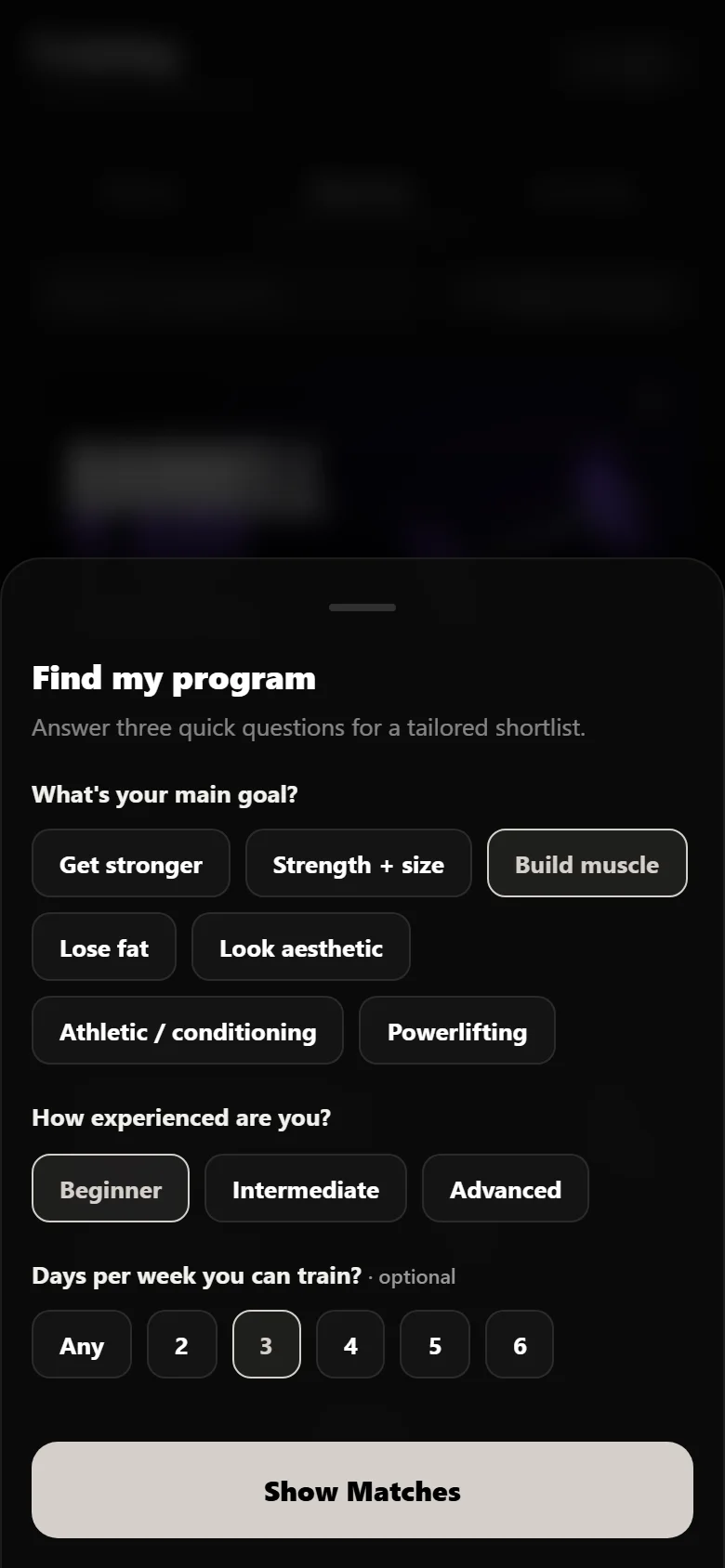 Durata program finder with goal, experience and days per week answered