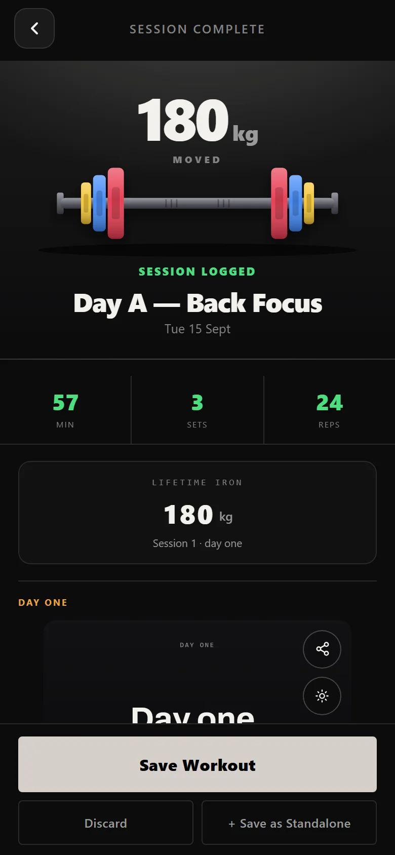 Durata session complete screen for a Leangains RPT session