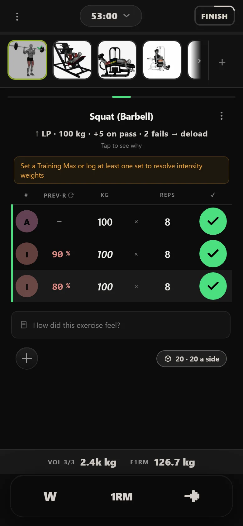 Durata logger: barbell squat top set at 100 kg