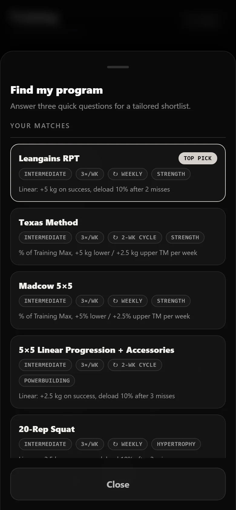 Durata finder results with Leangains RPT as the top match
