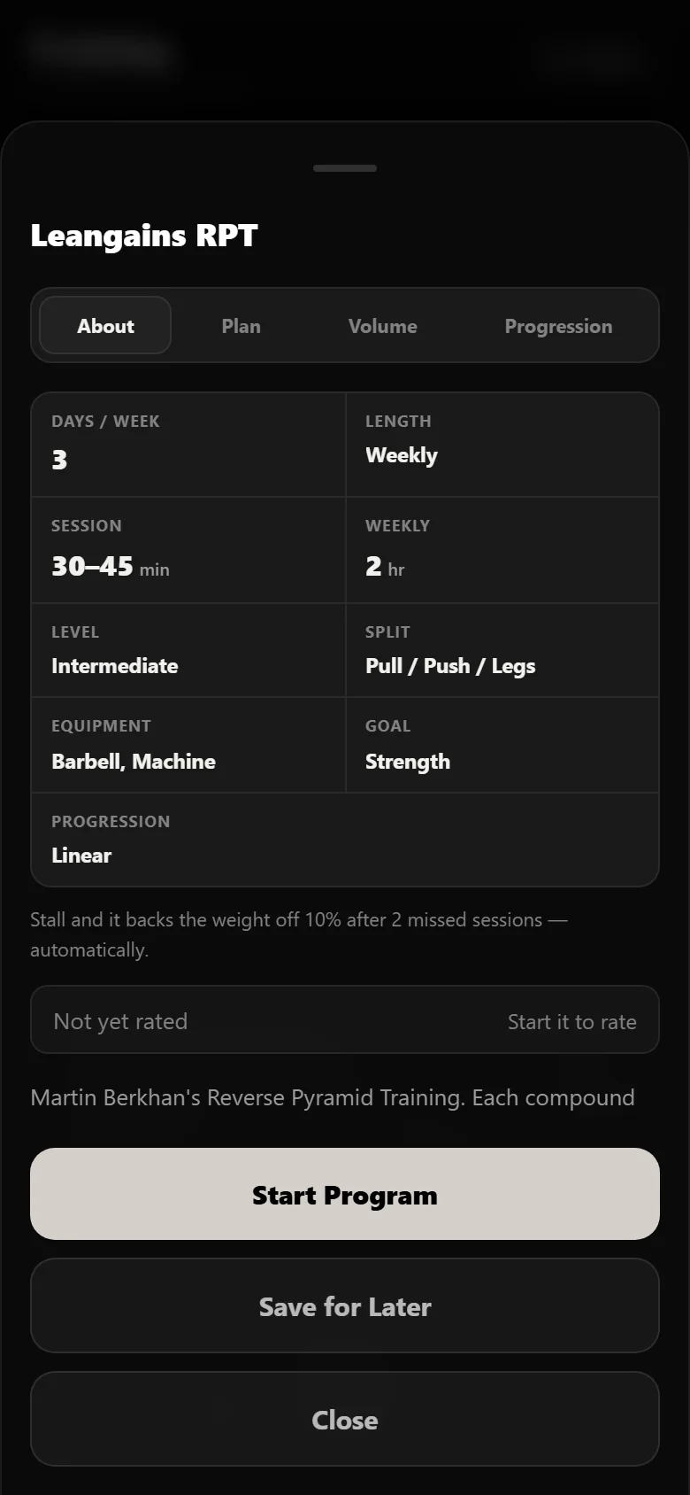 Leangains RPT program detail screen in Durata