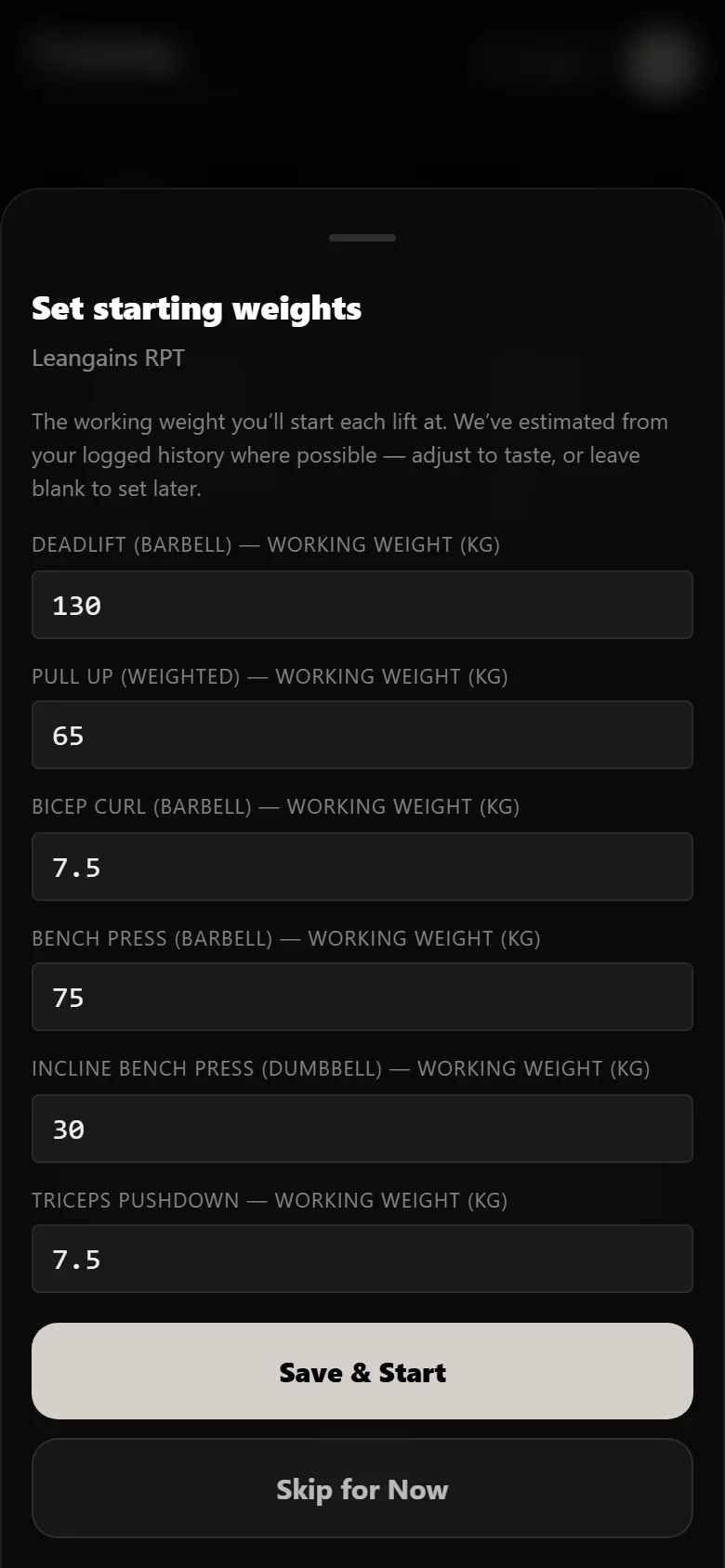 Leangains RPT setup sheet in Durata asking for a working weight per lift