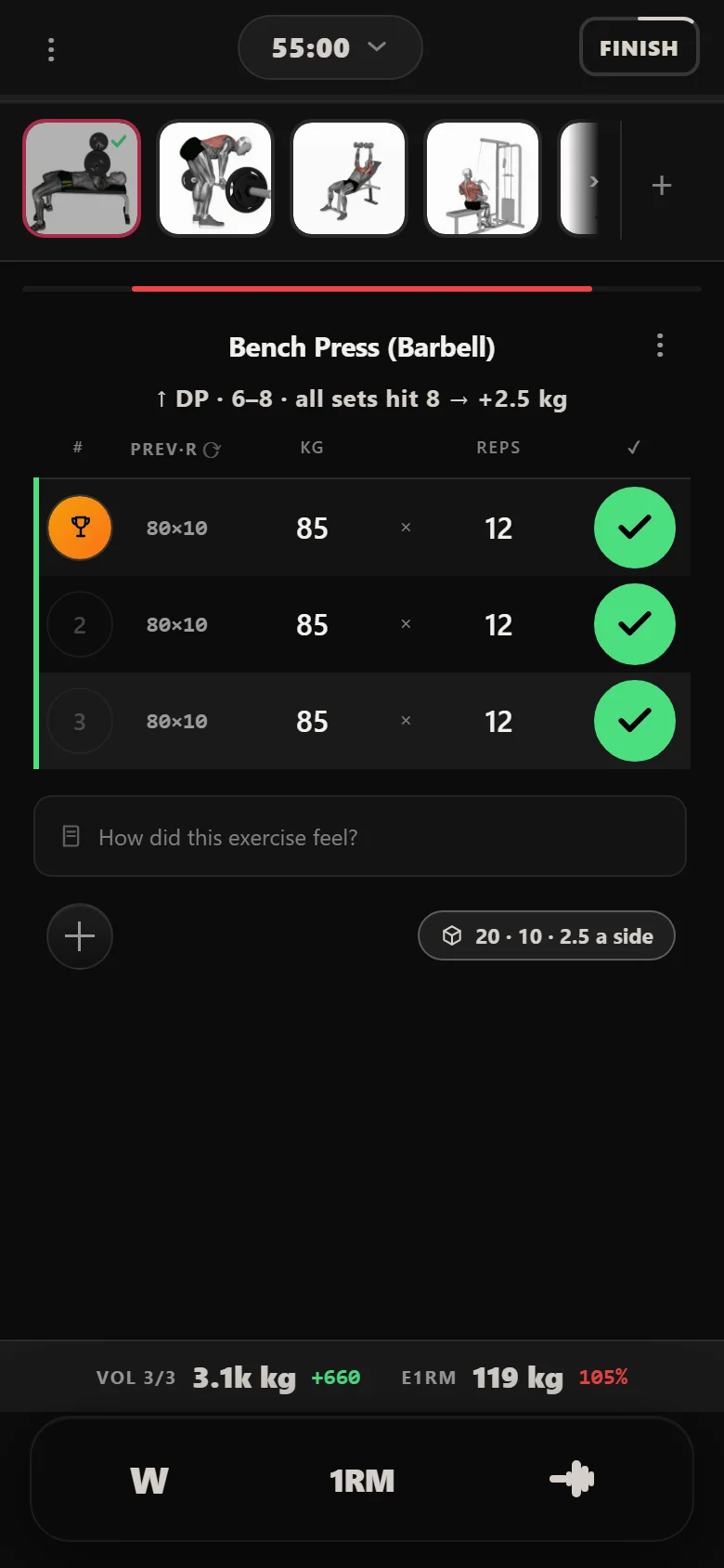 Durata logger showing a double-progression rule chip on a supplemental lift