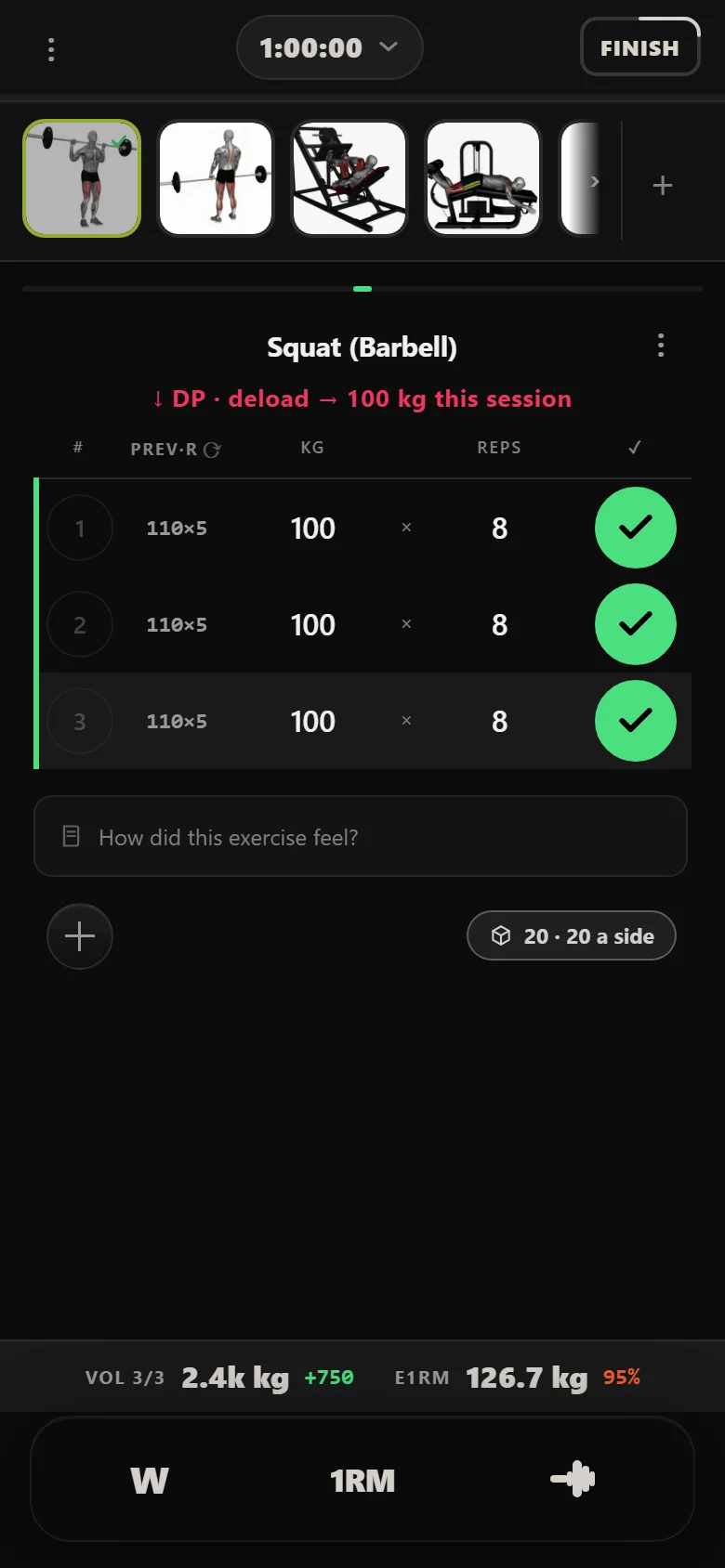 Durata logger showing the squat deloaded from 110 kg to 100 kg