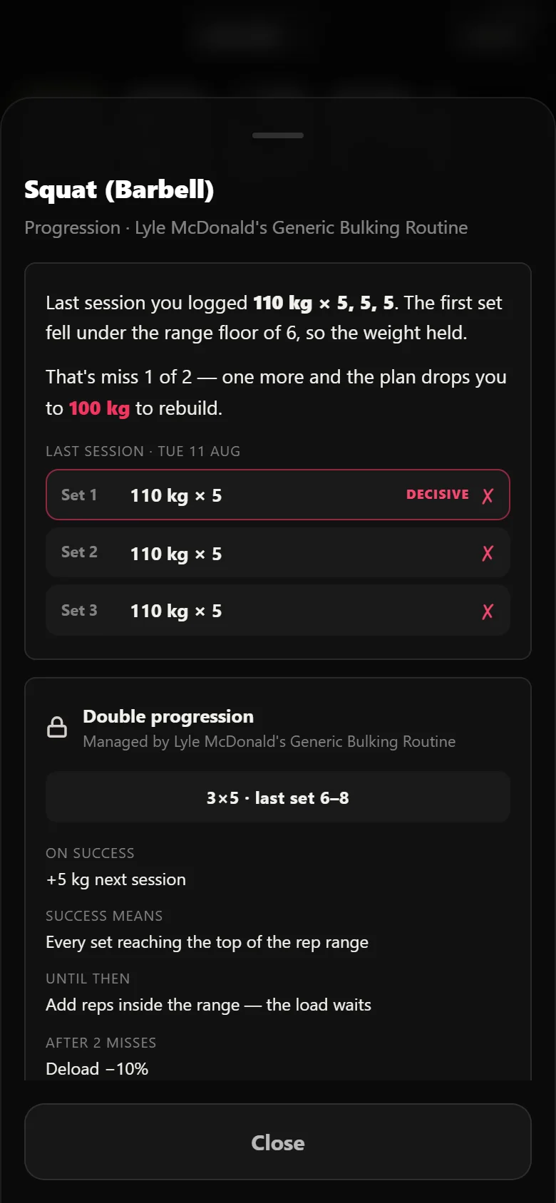 Durata rule chip expanded, showing the evidence behind a held squat weight