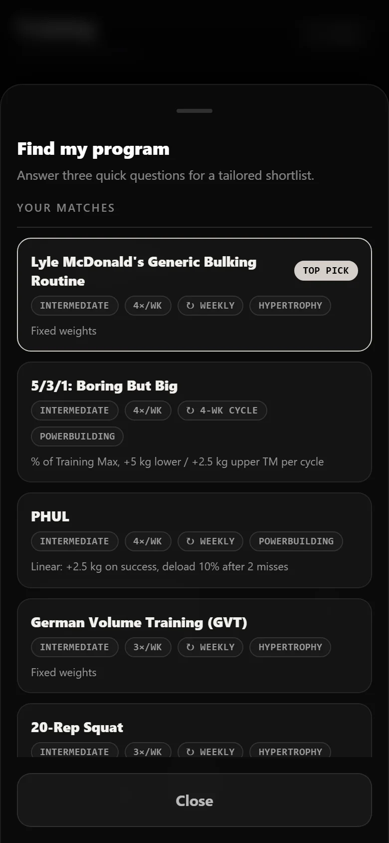 Durata finder results with Lyle McDonald's Generic Bulking Routine as the top match