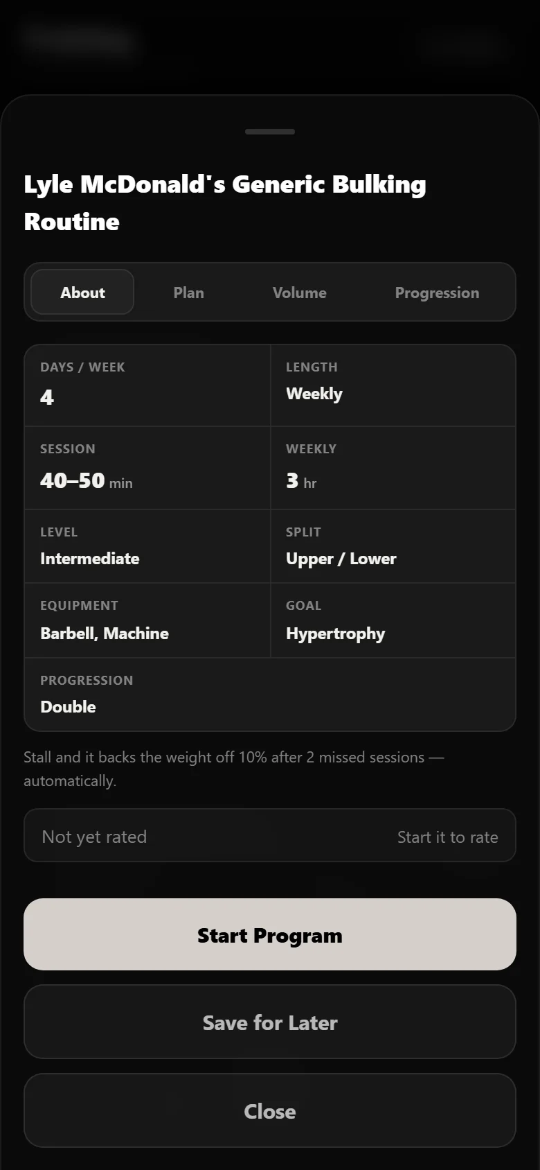 Generic Bulking Routine program detail screen in Durata