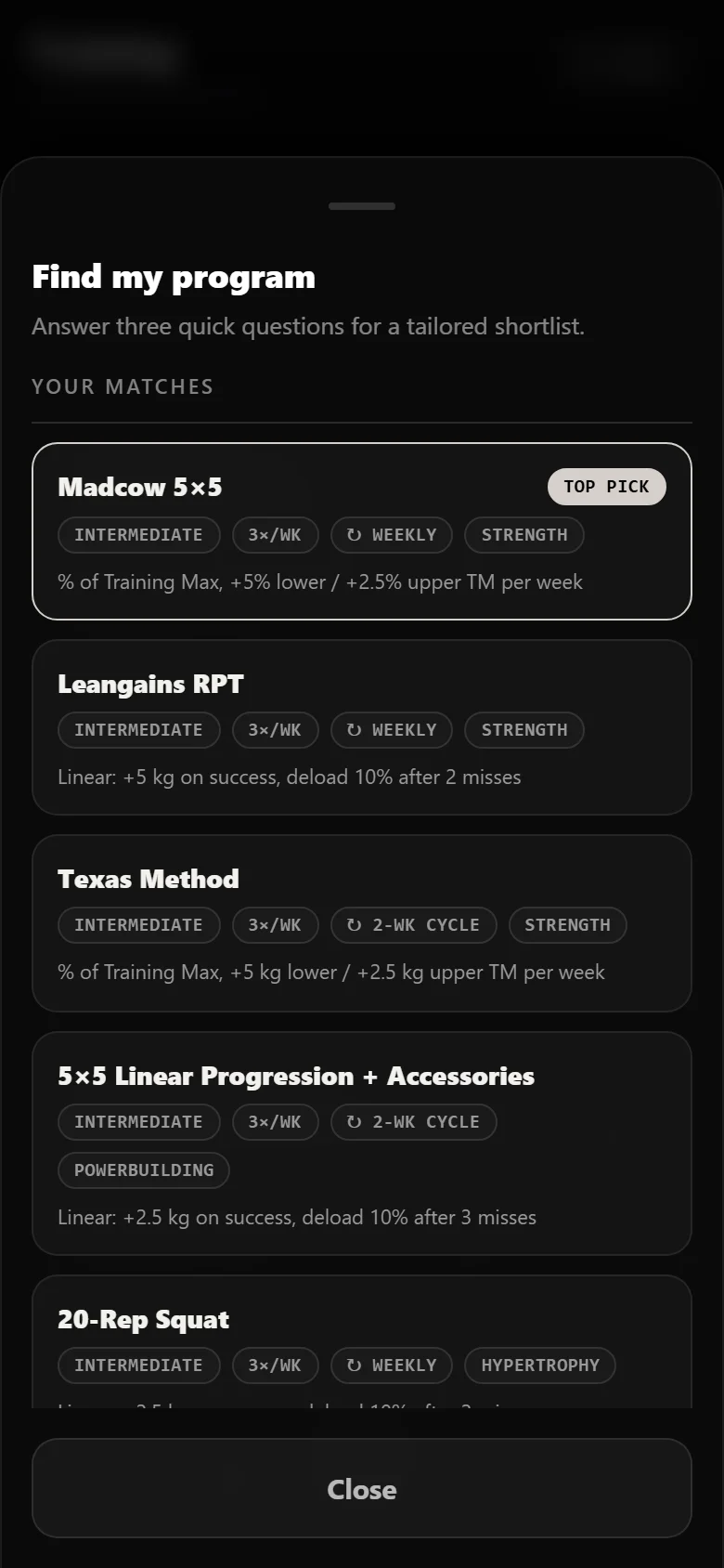Durata finder results with Madcow 5×5 as the top match