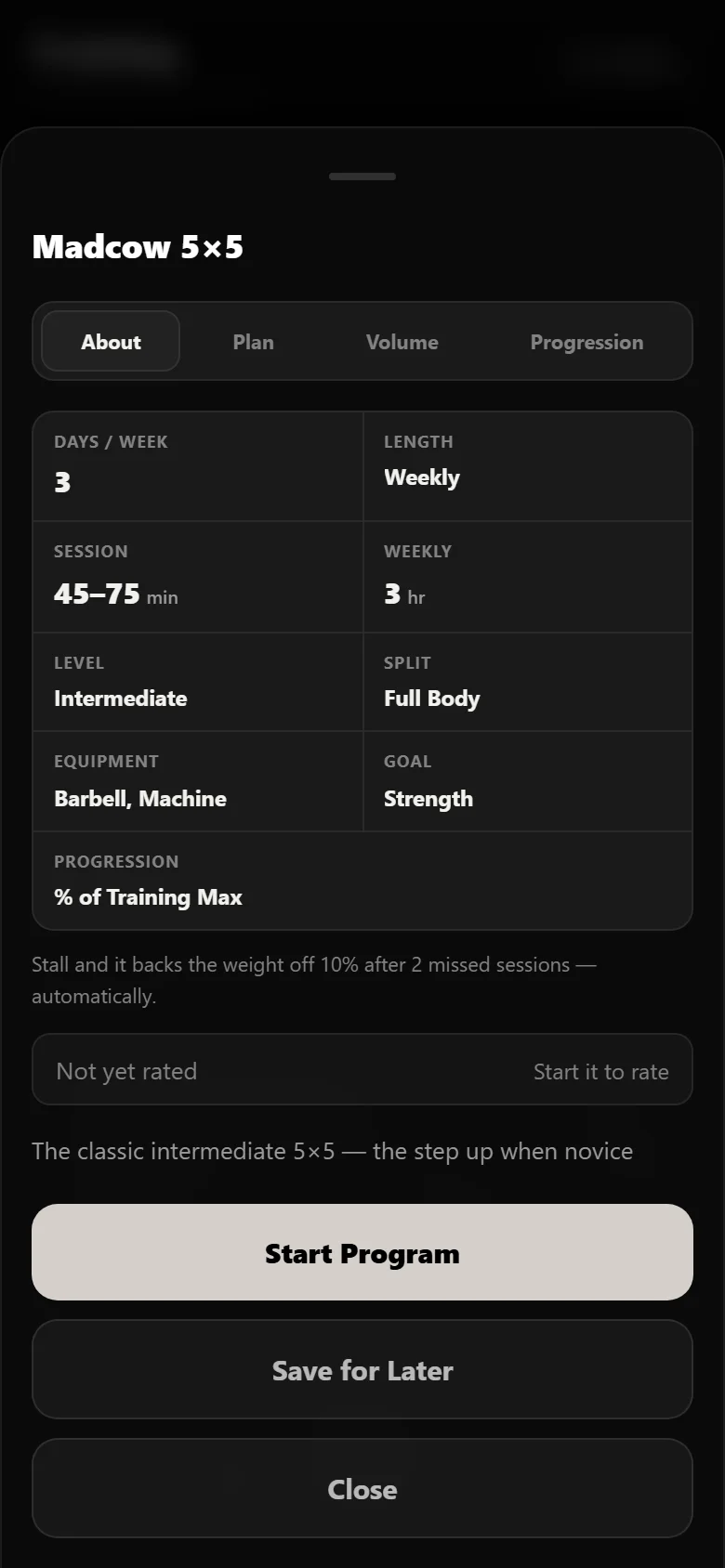 Durata program page for Madcow 5×5 showing schedule and progression rule