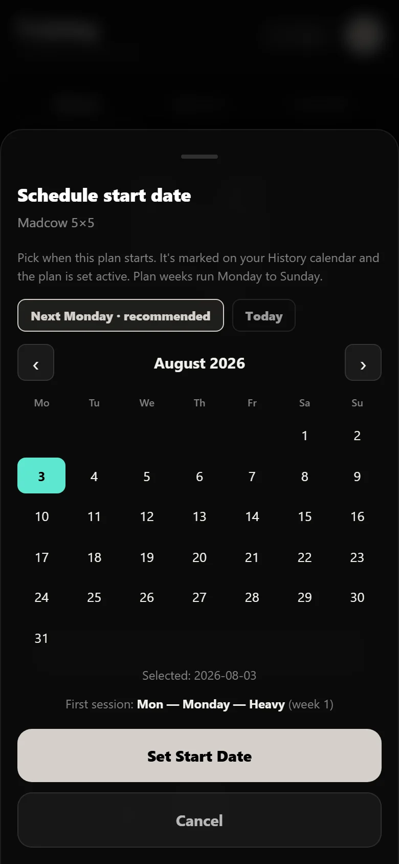 Durata start-date picker with the block scheduled on the History calendar