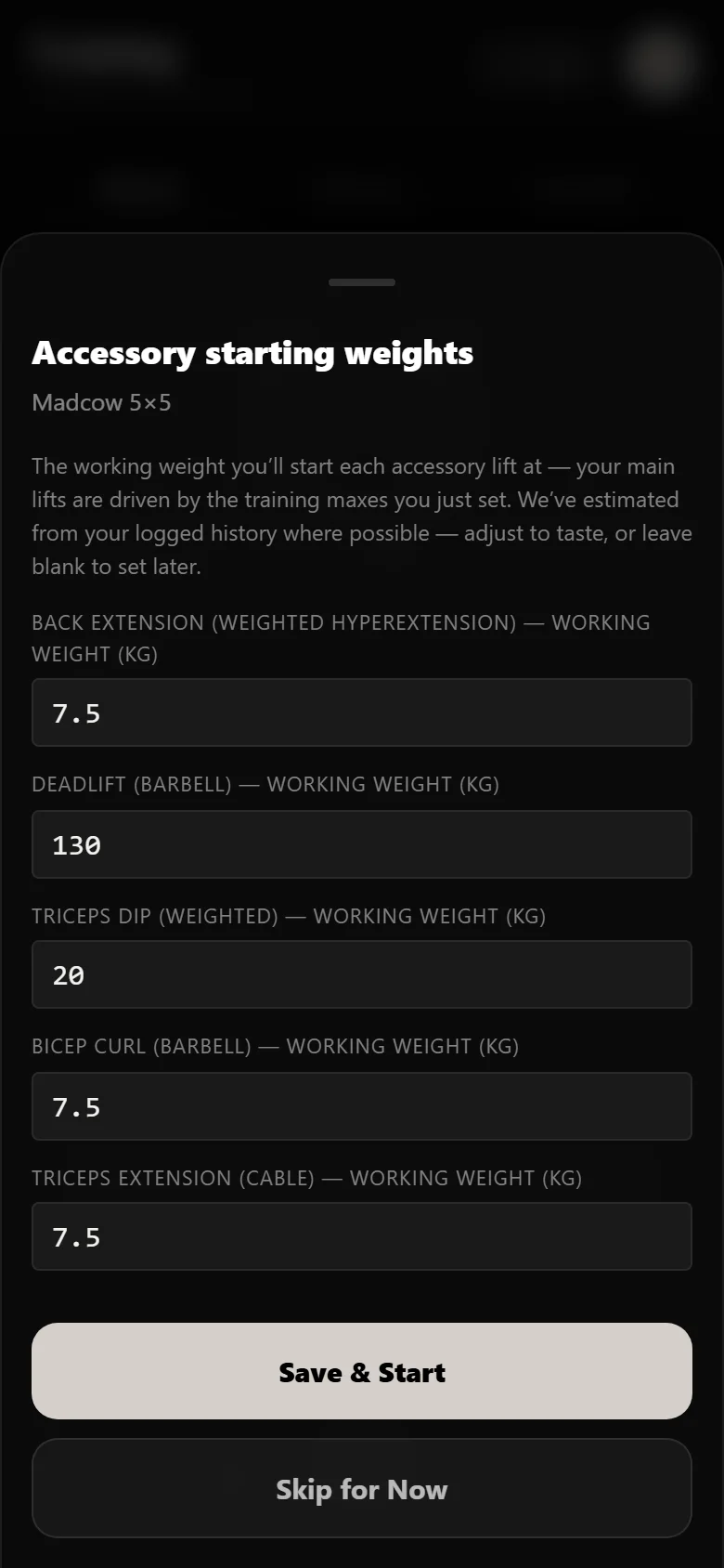 Durata starting-weights sheet with the deadlift at 130 kg