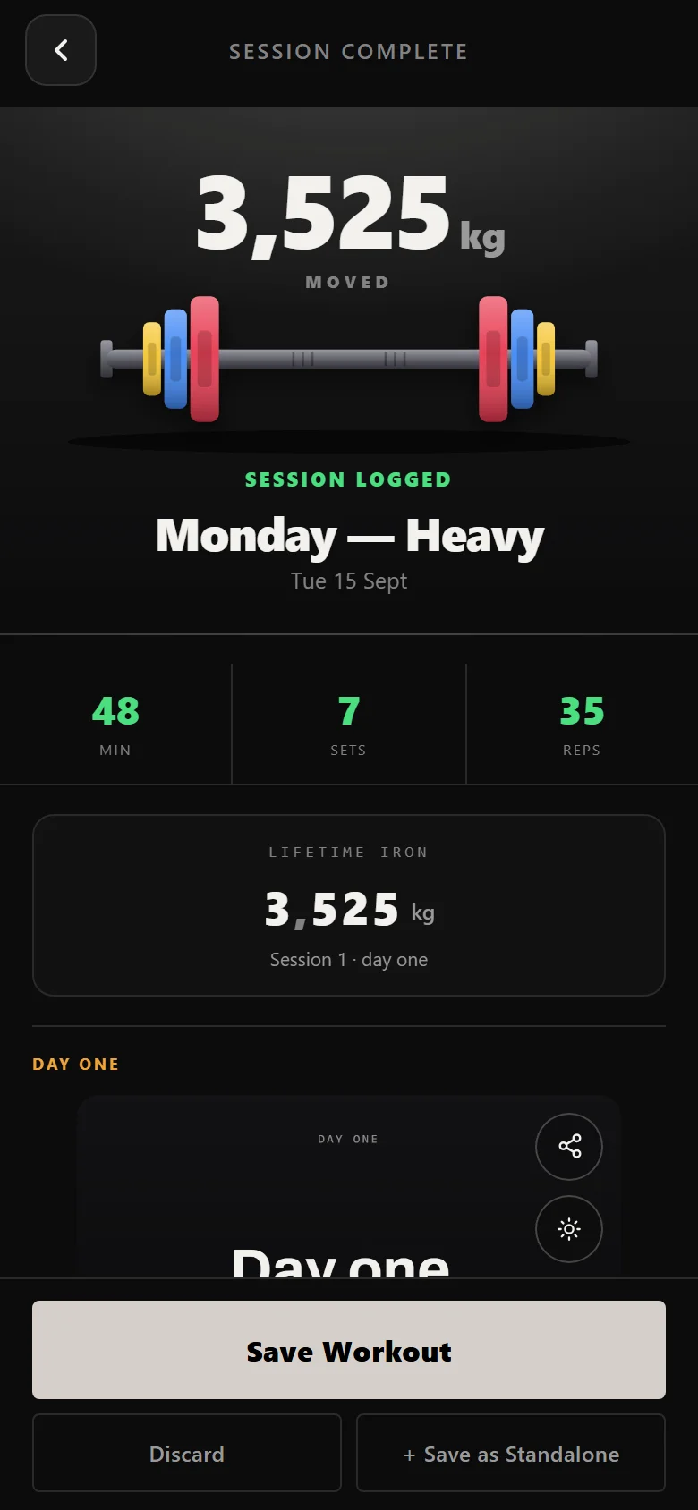 Durata session-complete screen with the session's sets, reps and volume
