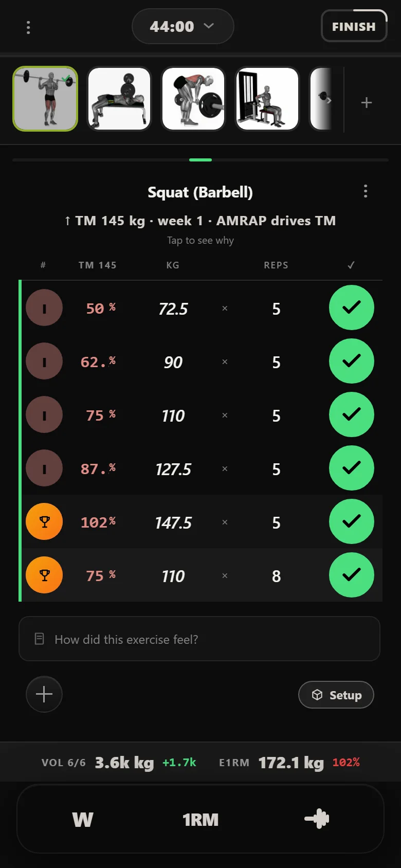 Durata logger: Squat (Barbell) top set at 147.5 kg mid-block