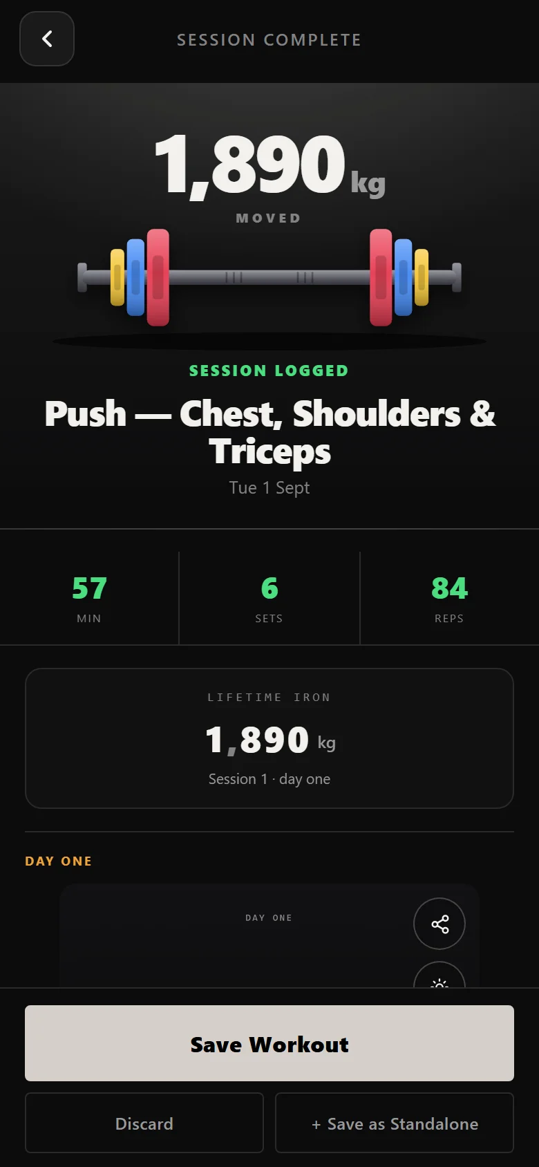 Durata session complete screen for a Mountain Dog session