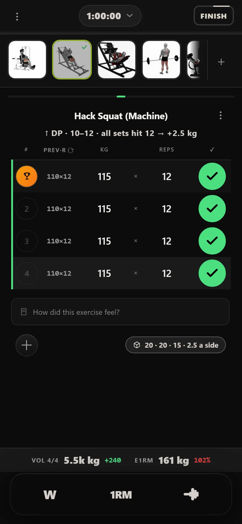 Durata logger: hack squat at 115 kg