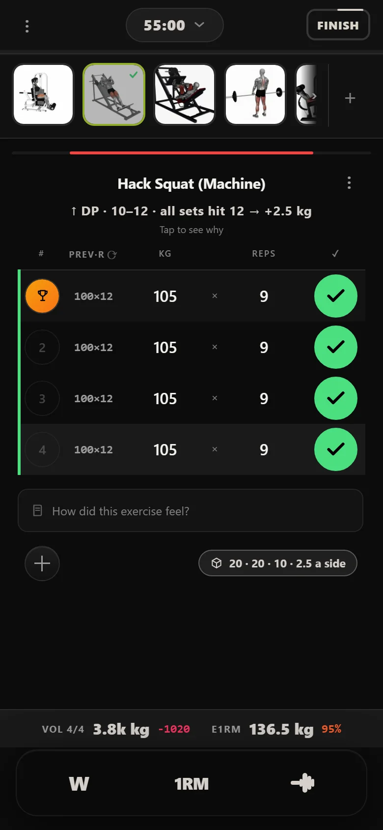 Durata logger showing a missed hack squat at 105 kg