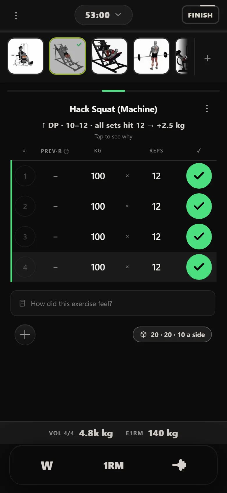 Durata logger: hack squat at 100 kg