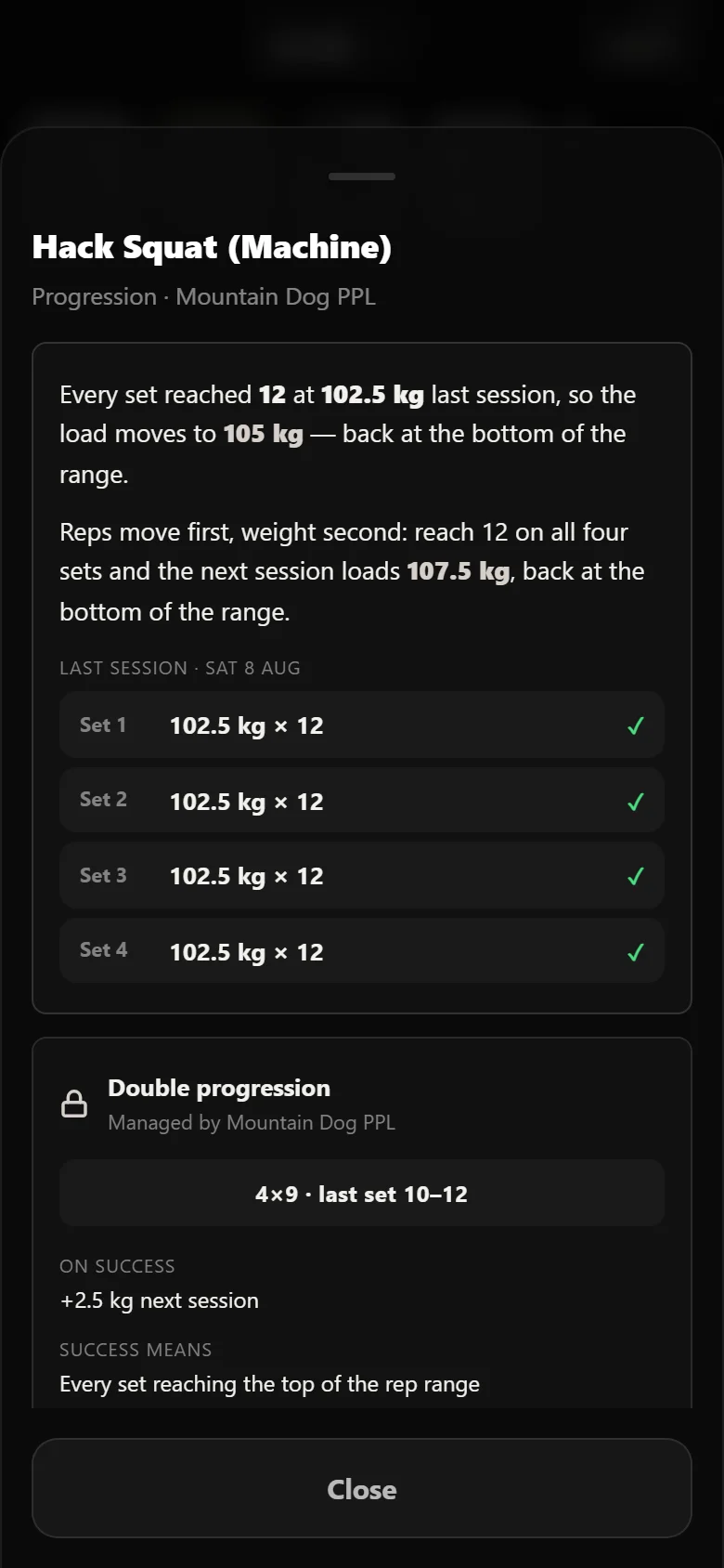 Durata rule chip expanded, showing the evidence behind a held hack squat weight