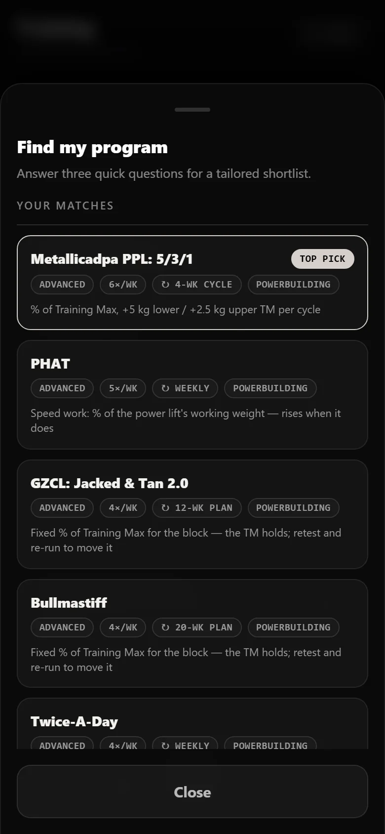 Durata program finder results with Metallicadpa PPL 5/3/1 as the top match