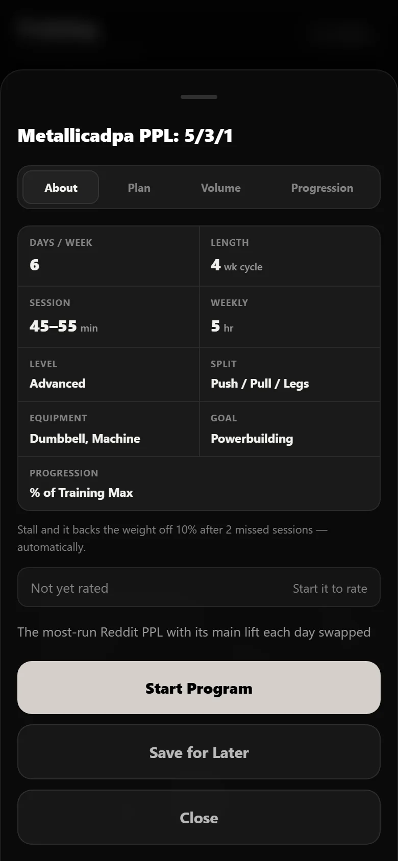 The Metallicadpa PPL 5/3/1 program page in Durata showing the four-week cycle