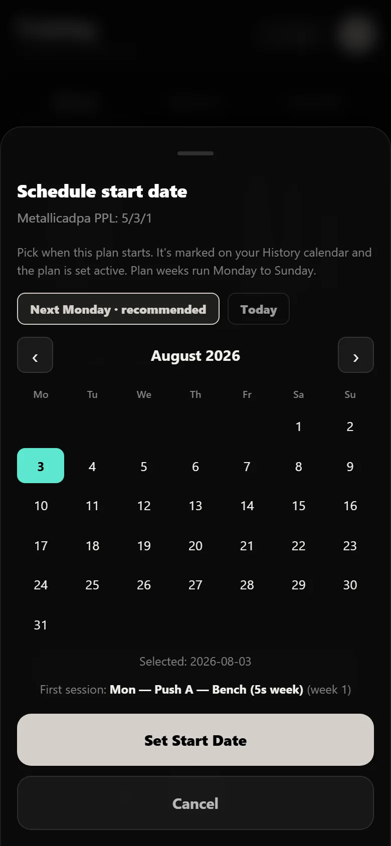 Choosing a start date for Metallicadpa PPL 5/3/1 in Durata