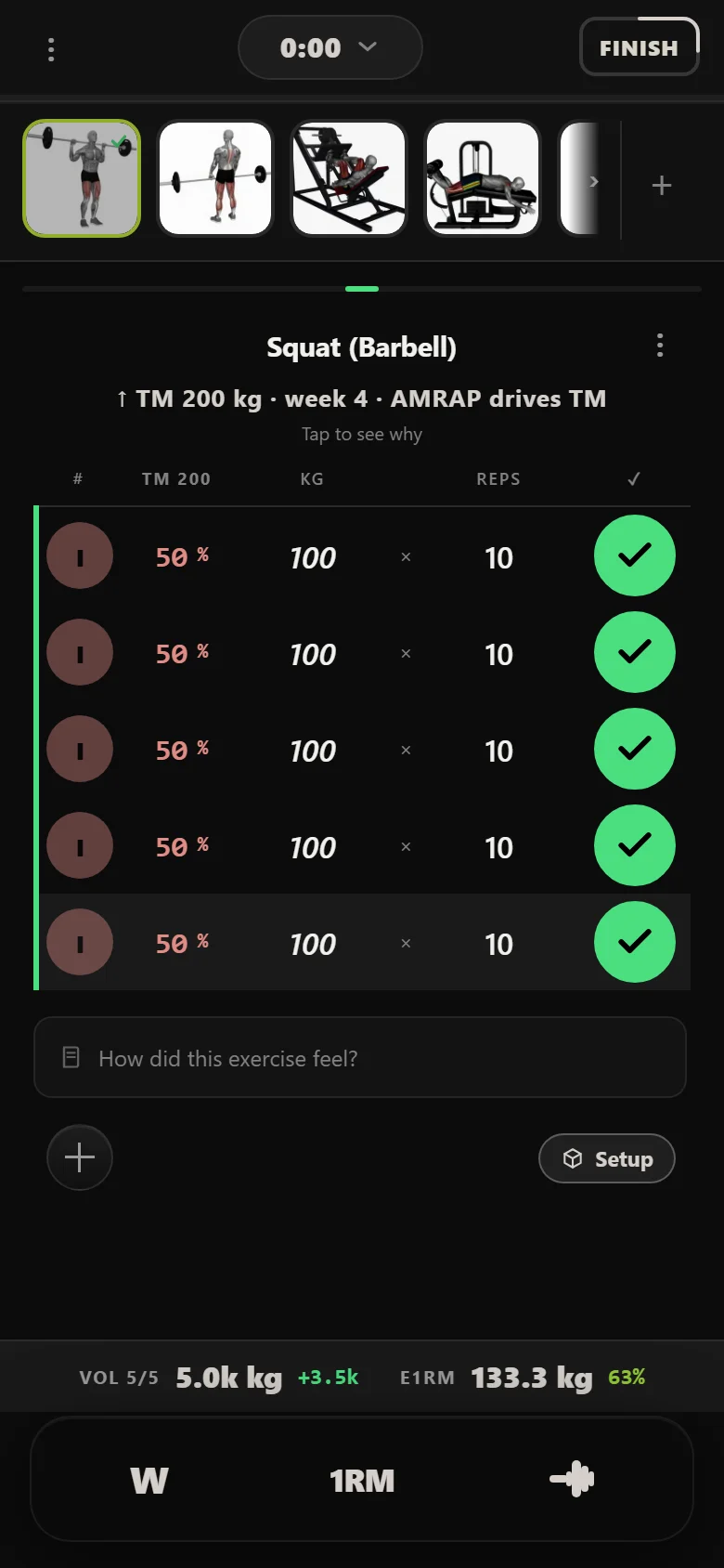 Durata logger showing the volume squat still at 100 kg during the deload week
